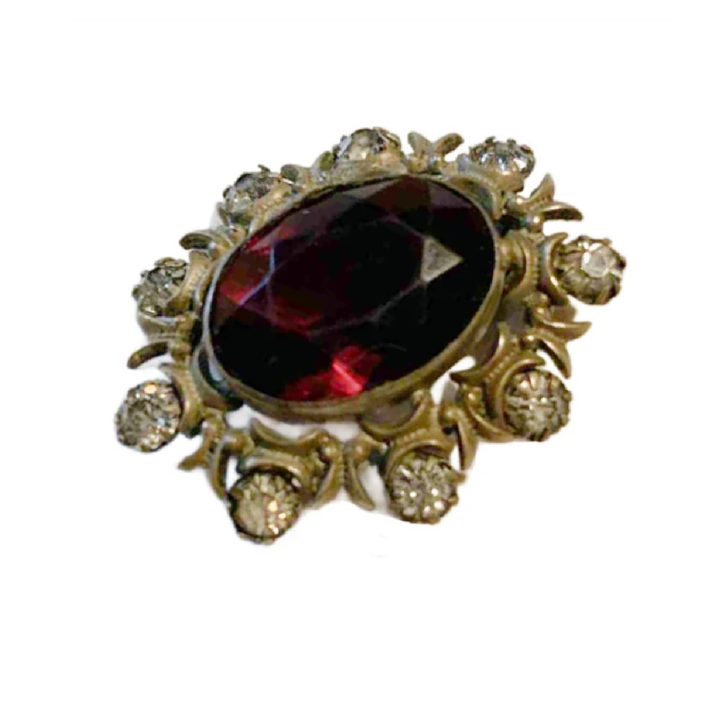 Antique 1910s Blood Red Czech Glass Brooch w/ Clear Accent Stones